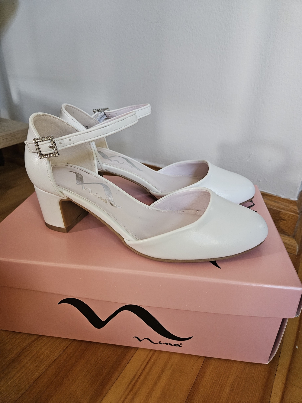 Nina Girl's White Ankle-Strap Block Heel Pumps - Size 1